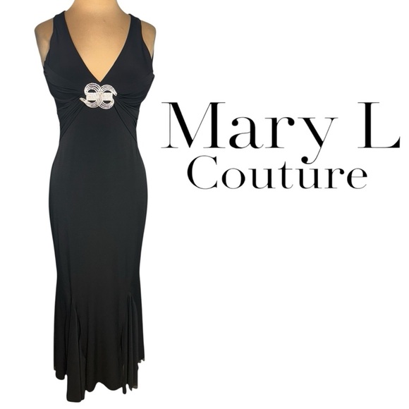 Mary L. Couture Black Jersey Halter Open Back Long Gown Rhinestone Brooch 10 - Picture 3 of 10